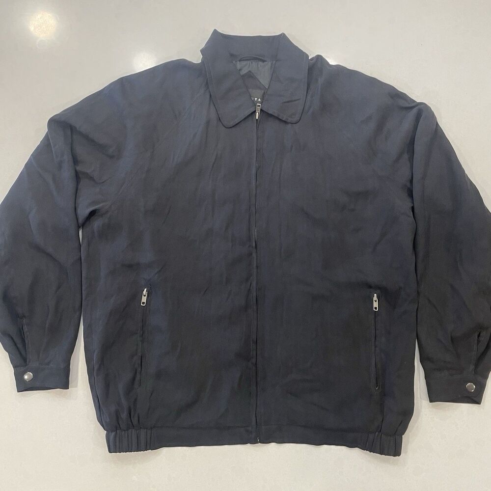 Mens Bomber Jacket Baracuta Vintage Size L Herringbone Charcoal Black 100%Silk
